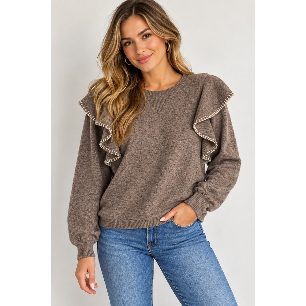 Brown Ruffle Sweater Women's S Western Boho Whipstitch Cottagecore Pullover